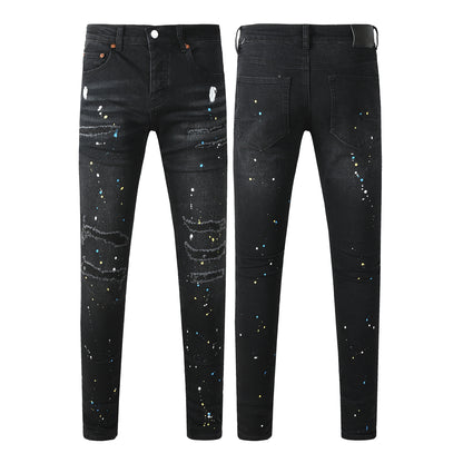 Streetwear Men’s Black Ripped Slim Jeans with Multi Color Paint Splatter Effect and Rugged Tear Details 9121