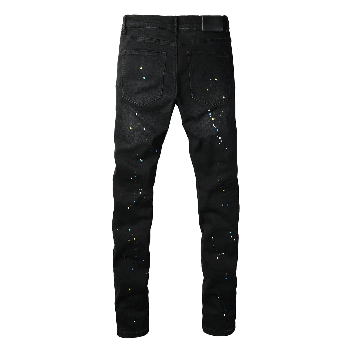 Streetwear Men’s Black Ripped Slim Jeans with Multi Color Paint Splatter Effect and Rugged Tear Details 9121
