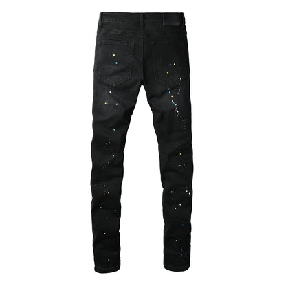 Streetwear Men’s Black Ripped Slim Jeans with Multi Color Paint Splatter Effect and Rugged Tear Details 9121