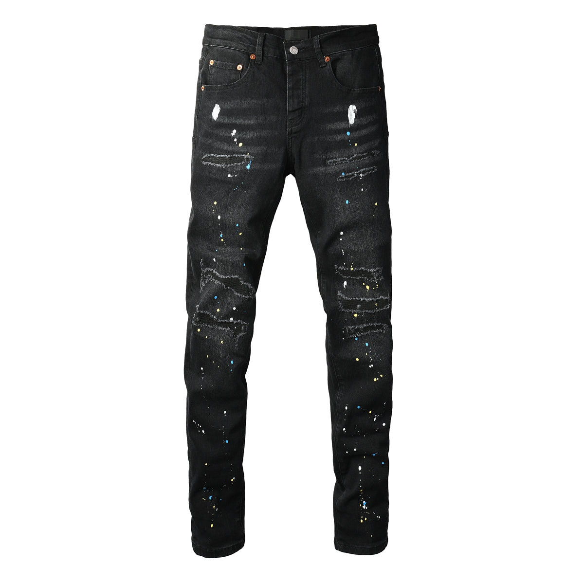 Streetwear Men’s Black Ripped Slim Jeans with Multi Color Paint Splatter Effect and Rugged Tear Details 9121