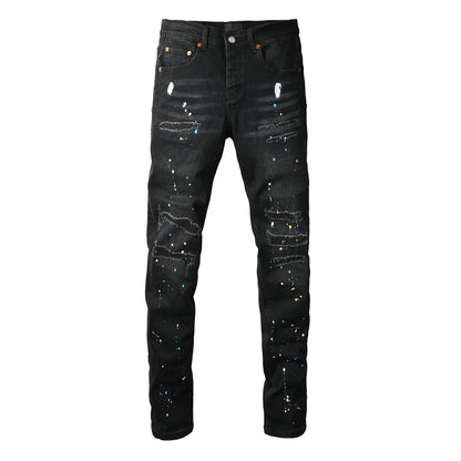 Streetwear Men’s Black Ripped Slim Jeans with Multi Color Paint Splatter Effect and Rugged Tear Details 9121