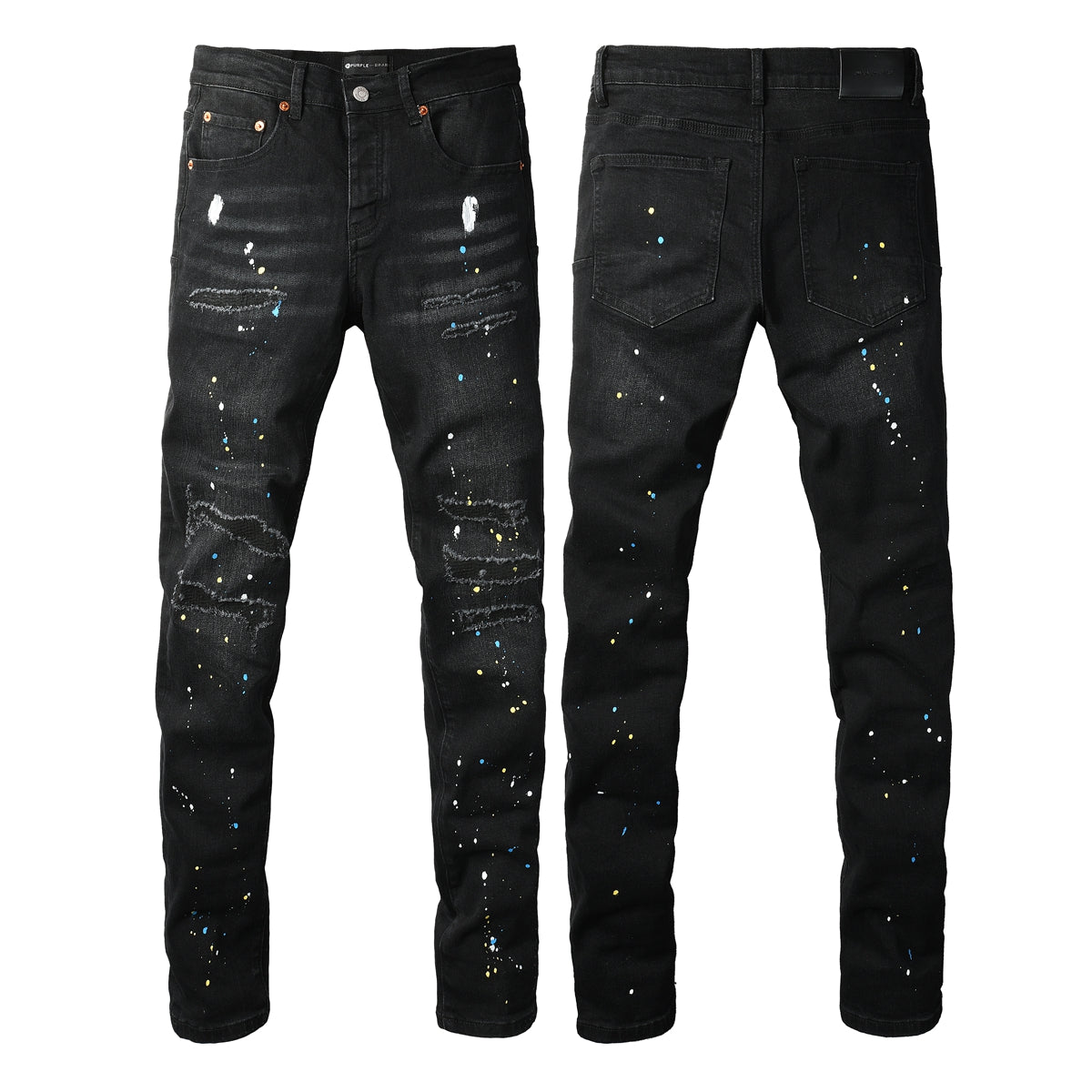 Streetwear Men’s Black Ripped Slim Jeans with Multi Color Paint Splatter Effect and Rugged Tear Details 9121