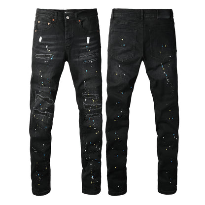 Streetwear Men’s Black Ripped Slim Jeans with Multi Color Paint Splatter Effect and Rugged Tear Details 9121
