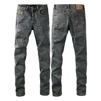 Mens Designer Jeans Distressed Dark Grey Denim with Crystal Studded Starburst Patterns 9122
