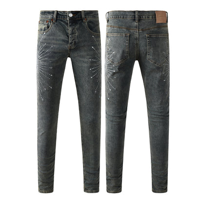 Mens Designer Jeans Distressed Dark Grey Denim with Crystal Studded Starburst Patterns 9122