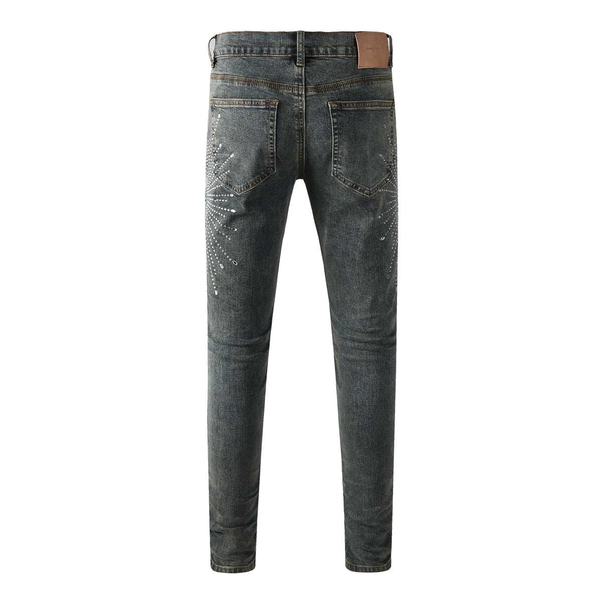 Mens Designer Jeans Distressed Dark Grey Denim with Crystal Studded Starburst Patterns 9122