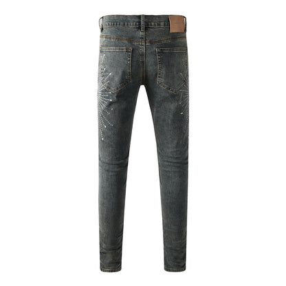 Mens Designer Jeans Distressed Dark Grey Denim with Crystal Studded Starburst Patterns 9122