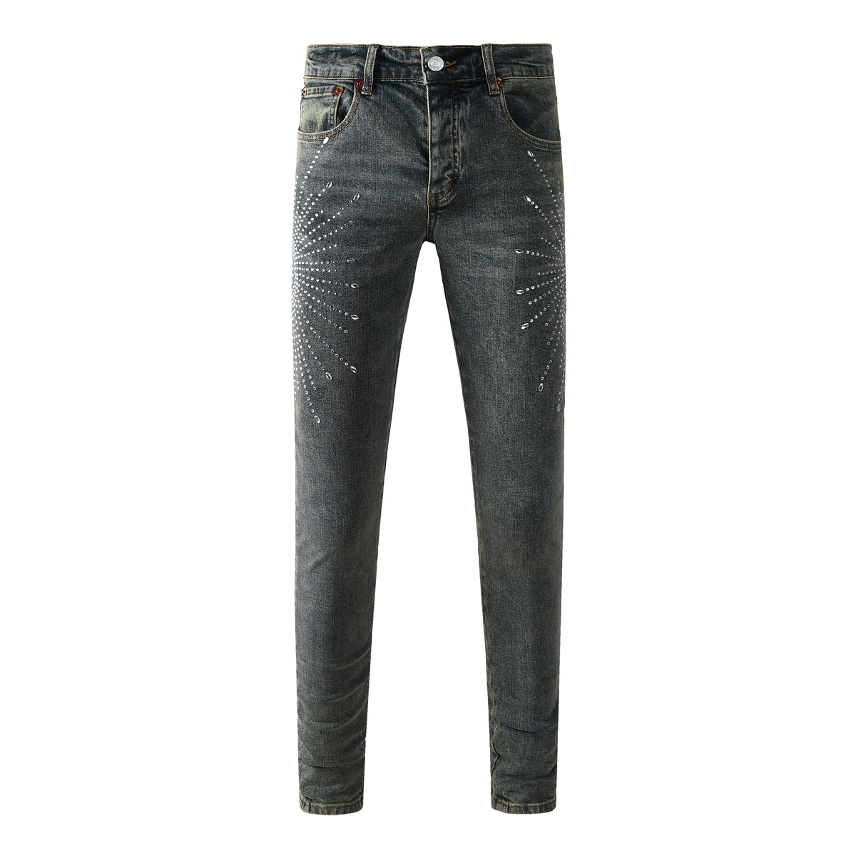 Mens Designer Jeans Distressed Dark Grey Denim with Crystal Studded Starburst Patterns 9122