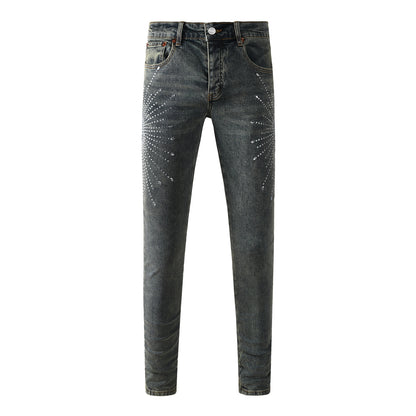 Mens Designer Jeans Distressed Dark Grey Denim with Crystal Studded Starburst Patterns 9122