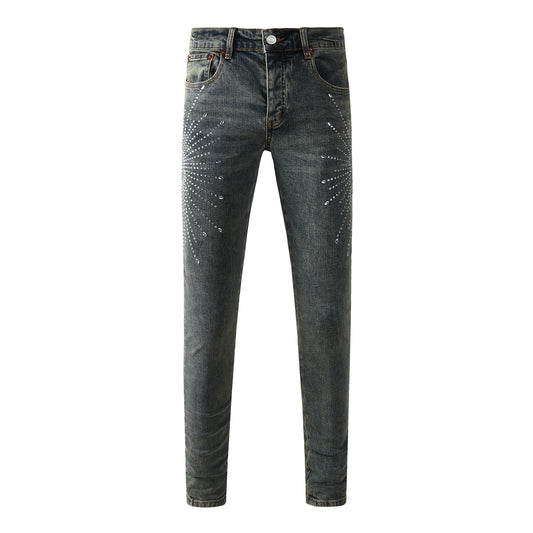 Mens Designer Jeans Distressed Dark Grey Denim with Crystal Studded Starburst Patterns 9122