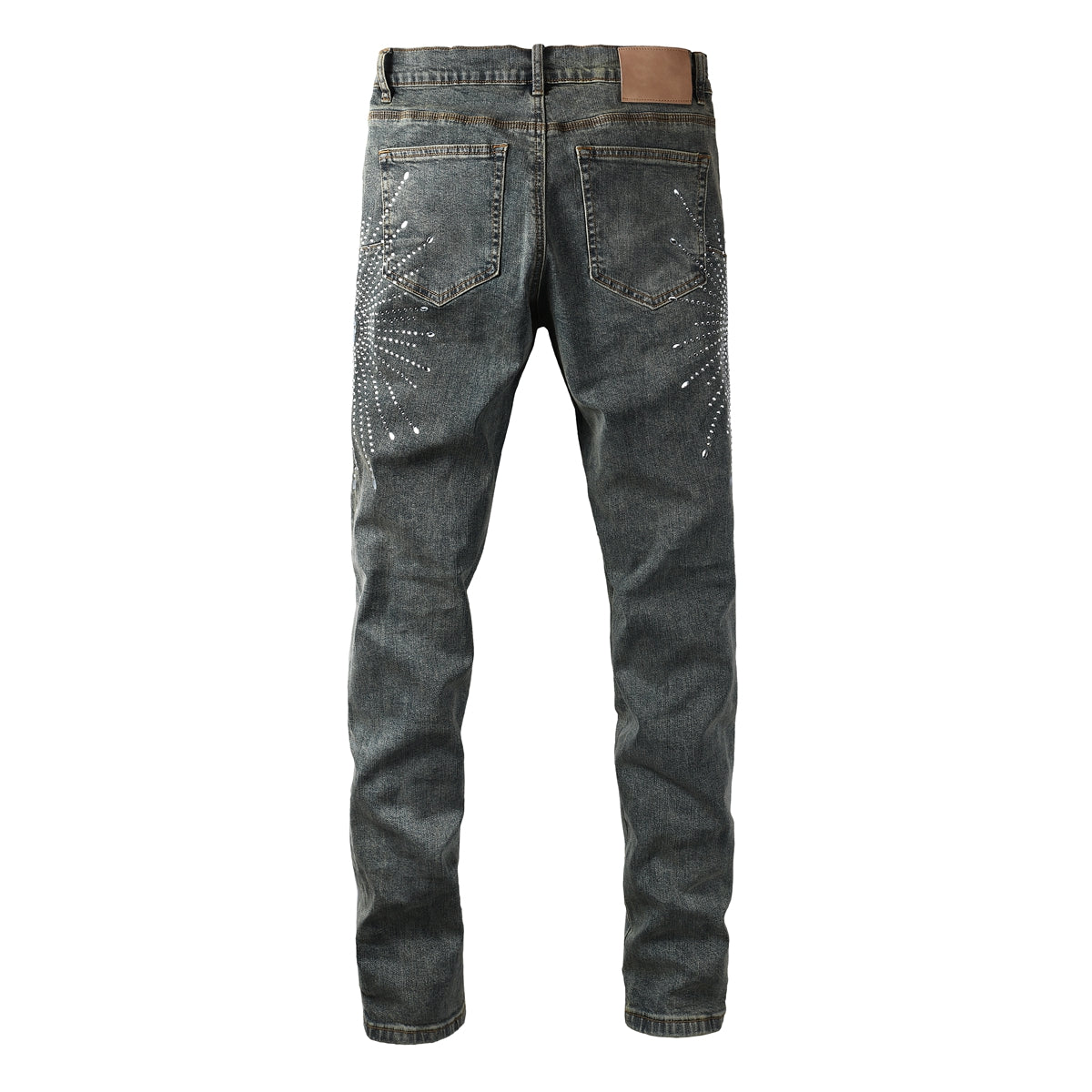 Mens Designer Jeans Distressed Dark Grey Denim with Crystal Studded Starburst Patterns 9122