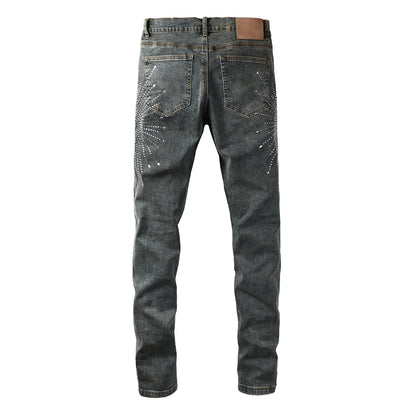 Mens Designer Jeans Distressed Dark Grey Denim with Crystal Studded Starburst Patterns 9122
