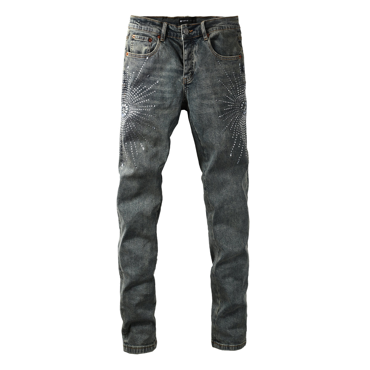 Mens Designer Jeans Distressed Dark Grey Denim with Crystal Studded Starburst Patterns 9122