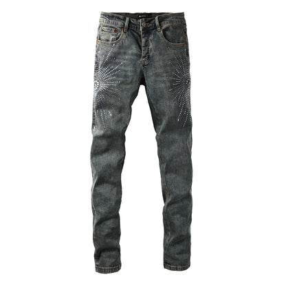 Mens Designer Jeans Distressed Dark Grey Denim with Crystal Studded Starburst Patterns 9122
