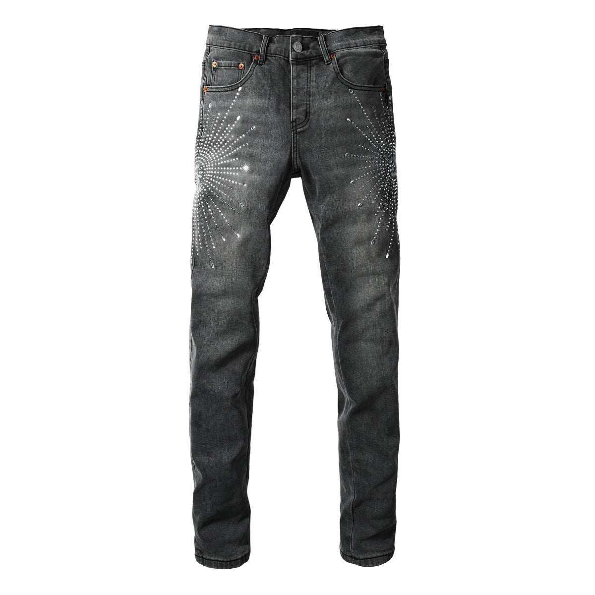 Trendy Slim Fit Grey Jeans for Men Featuring Shiny Rhinestone Starburst Pattern on Front and Back 9123