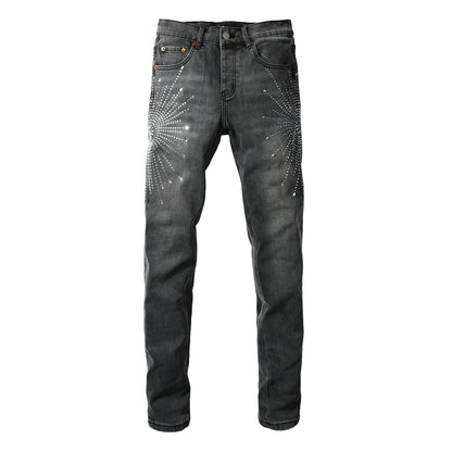 Trendy Slim Fit Grey Jeans for Men Featuring Shiny Rhinestone Starburst Pattern on Front and Back 9123