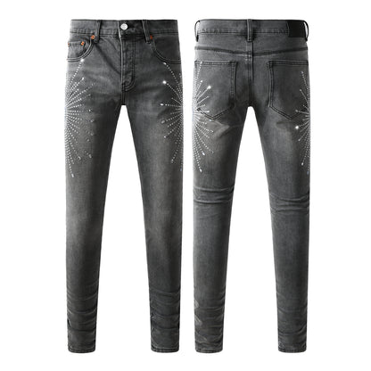 Trendy Slim Fit Grey Jeans for Men Featuring Shiny Rhinestone Starburst Pattern on Front and Back 9123