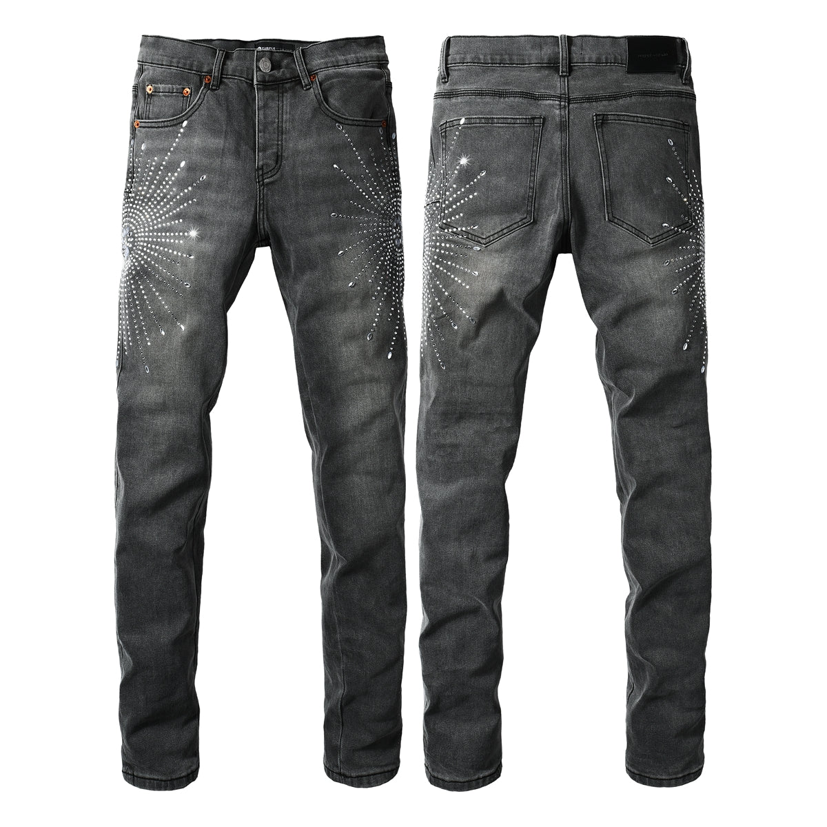 Trendy Slim Fit Grey Jeans for Men Featuring Shiny Rhinestone Starburst Pattern on Front and Back 9123