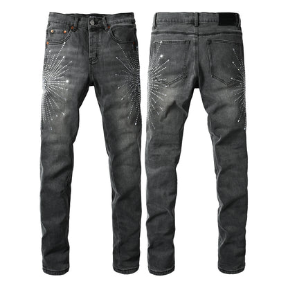 Trendy Slim Fit Grey Jeans for Men Featuring Shiny Rhinestone Starburst Pattern on Front and Back 9123