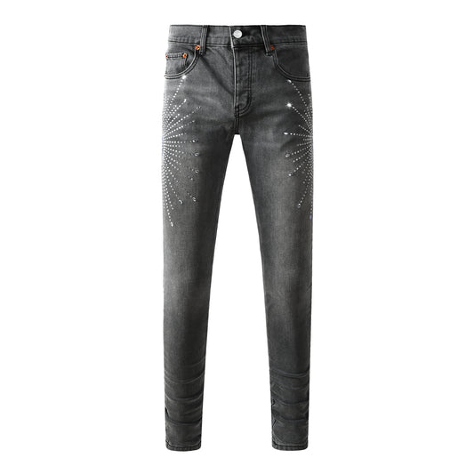Trendy Slim Fit Grey Jeans for Men Featuring Shiny Rhinestone Starburst Pattern on Front and Back 9123