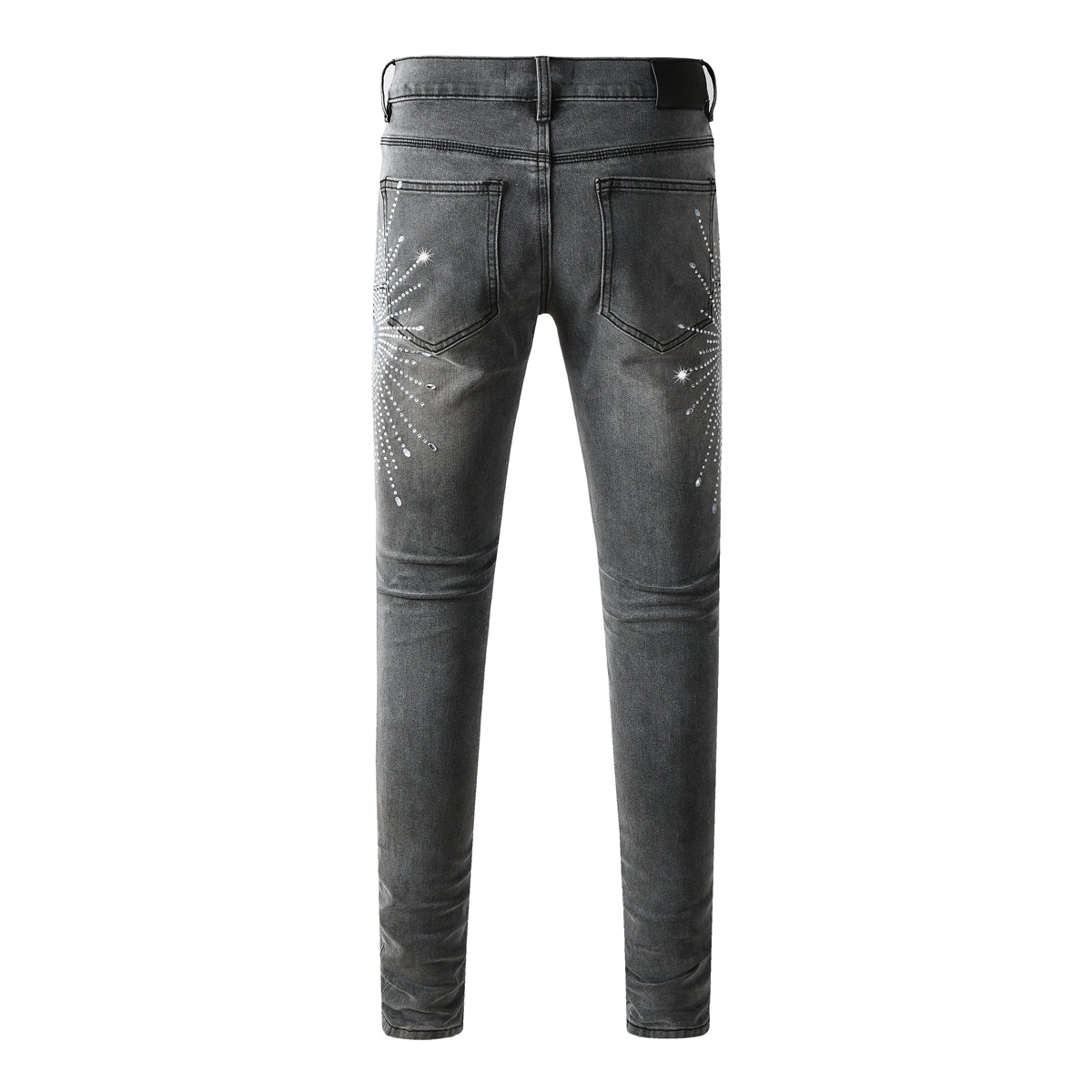 Trendy Slim Fit Grey Jeans for Men Featuring Shiny Rhinestone Starburst Pattern on Front and Back 9123