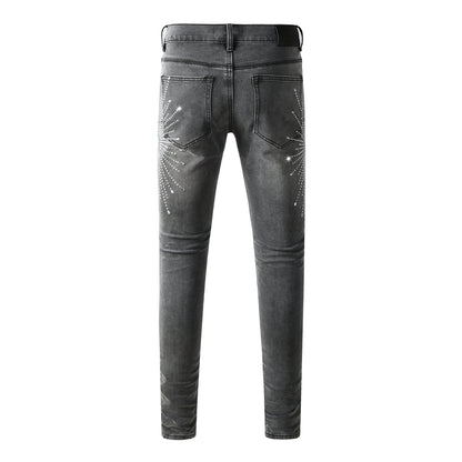 Trendy Slim Fit Grey Jeans for Men Featuring Shiny Rhinestone Starburst Pattern on Front and Back 9123