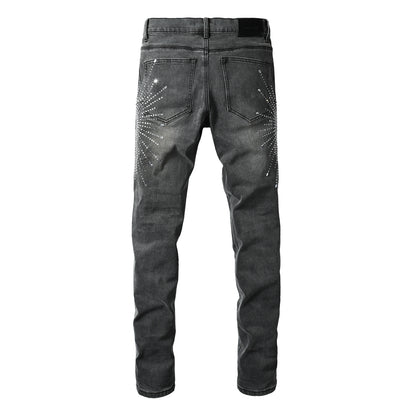Trendy Slim Fit Grey Jeans for Men Featuring Shiny Rhinestone Starburst Pattern on Front and Back 9123