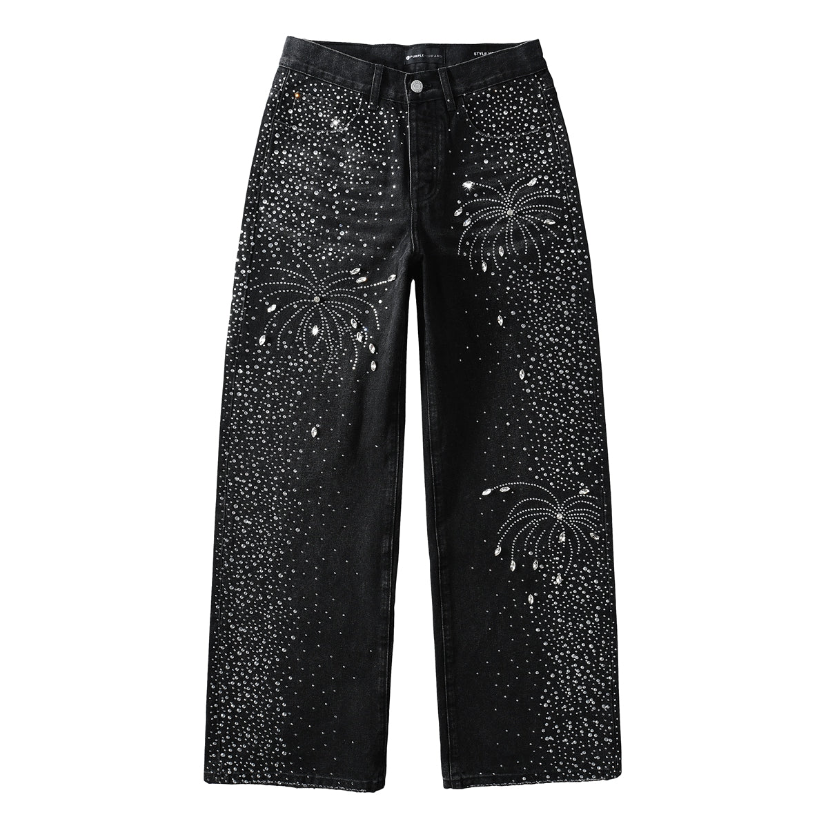Mens Designer Straight Leg Black Jeans with Dazzling Crystal Fireworks Night Sky Inspired Look 9125