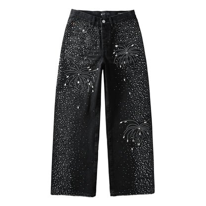 Mens Designer Straight Leg Black Jeans with Dazzling Crystal Fireworks Night Sky Inspired Look 9125