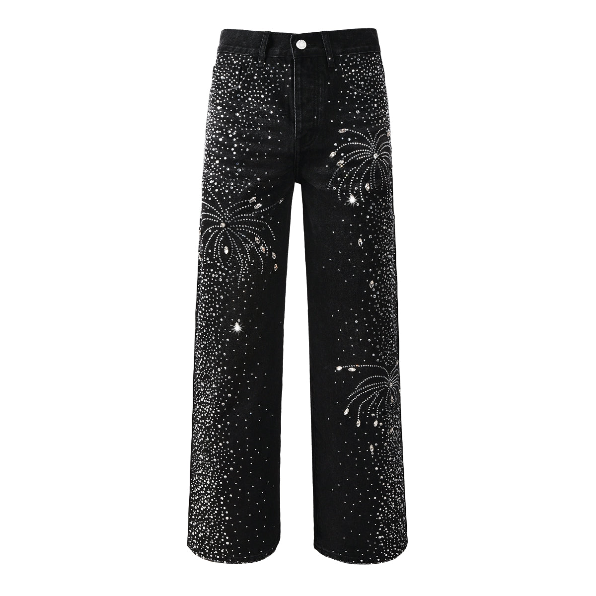 Mens Designer Straight Leg Black Jeans with Dazzling Crystal Fireworks Night Sky Inspired Look 9125