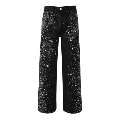 Mens Designer Straight Leg Black Jeans with Dazzling Crystal Fireworks Night Sky Inspired Look 9125