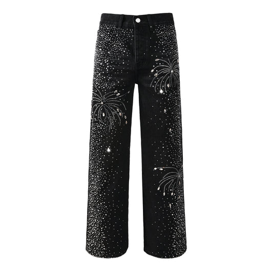 Mens Designer Straight Leg Black Jeans with Dazzling Crystal Fireworks Night Sky Inspired Look 9125