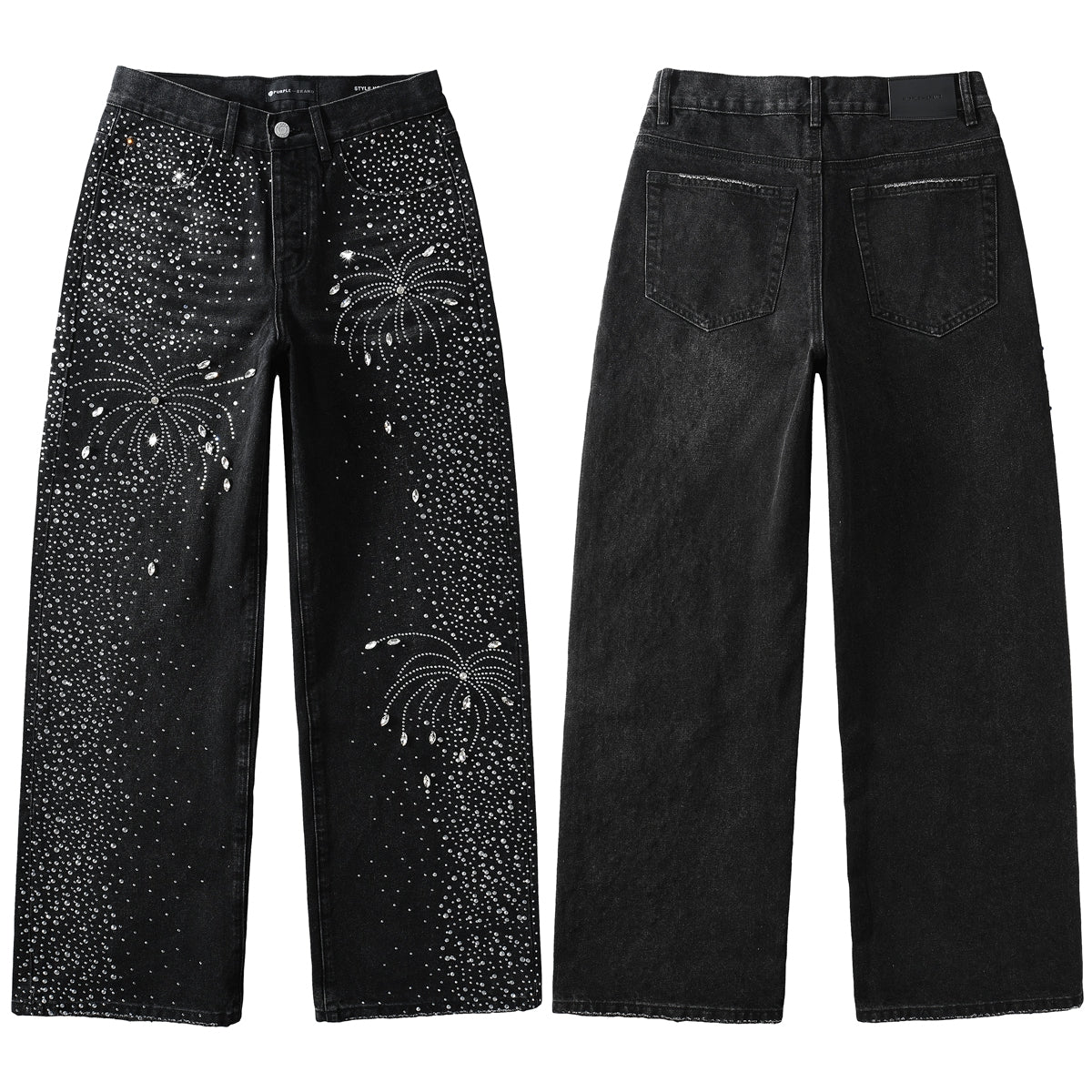 Mens Designer Straight Leg Black Jeans with Dazzling Crystal Fireworks Night Sky Inspired Look 9125