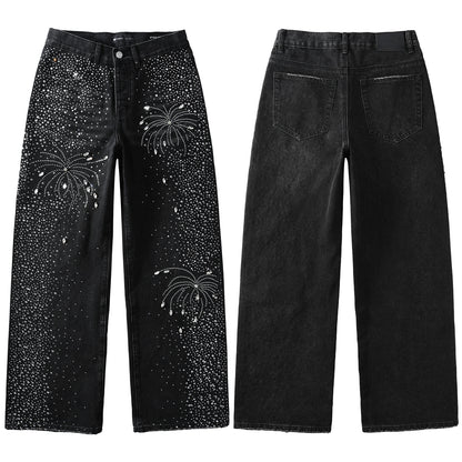 Mens Designer Straight Leg Black Jeans with Dazzling Crystal Fireworks Night Sky Inspired Look 9125
