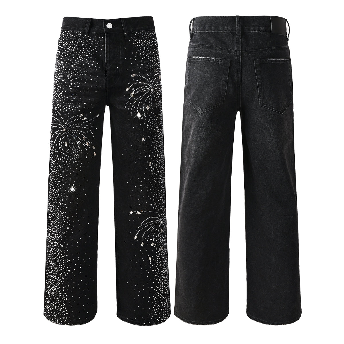 Mens Designer Straight Leg Black Jeans with Dazzling Crystal Fireworks Night Sky Inspired Look 9125