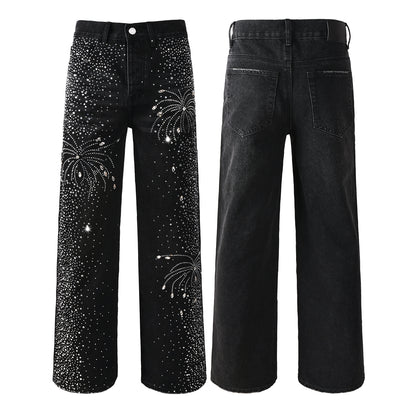 Mens Designer Straight Leg Black Jeans with Dazzling Crystal Fireworks Night Sky Inspired Look 9125