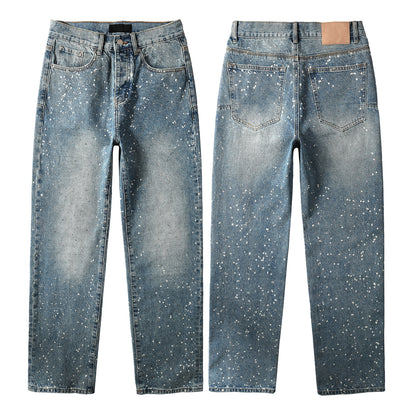 Mens Blue Straight Leg Jeans with Paint Splatter Design Casual Vintage Washed Streetwear Denim 9126