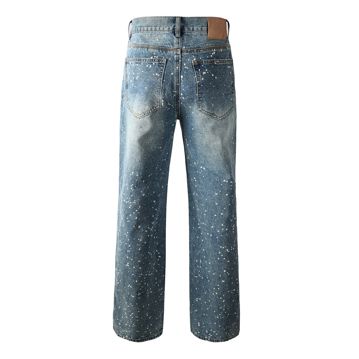 Mens Blue Straight Leg Jeans with Paint Splatter Design Casual Vintage Washed Streetwear Denim 9126