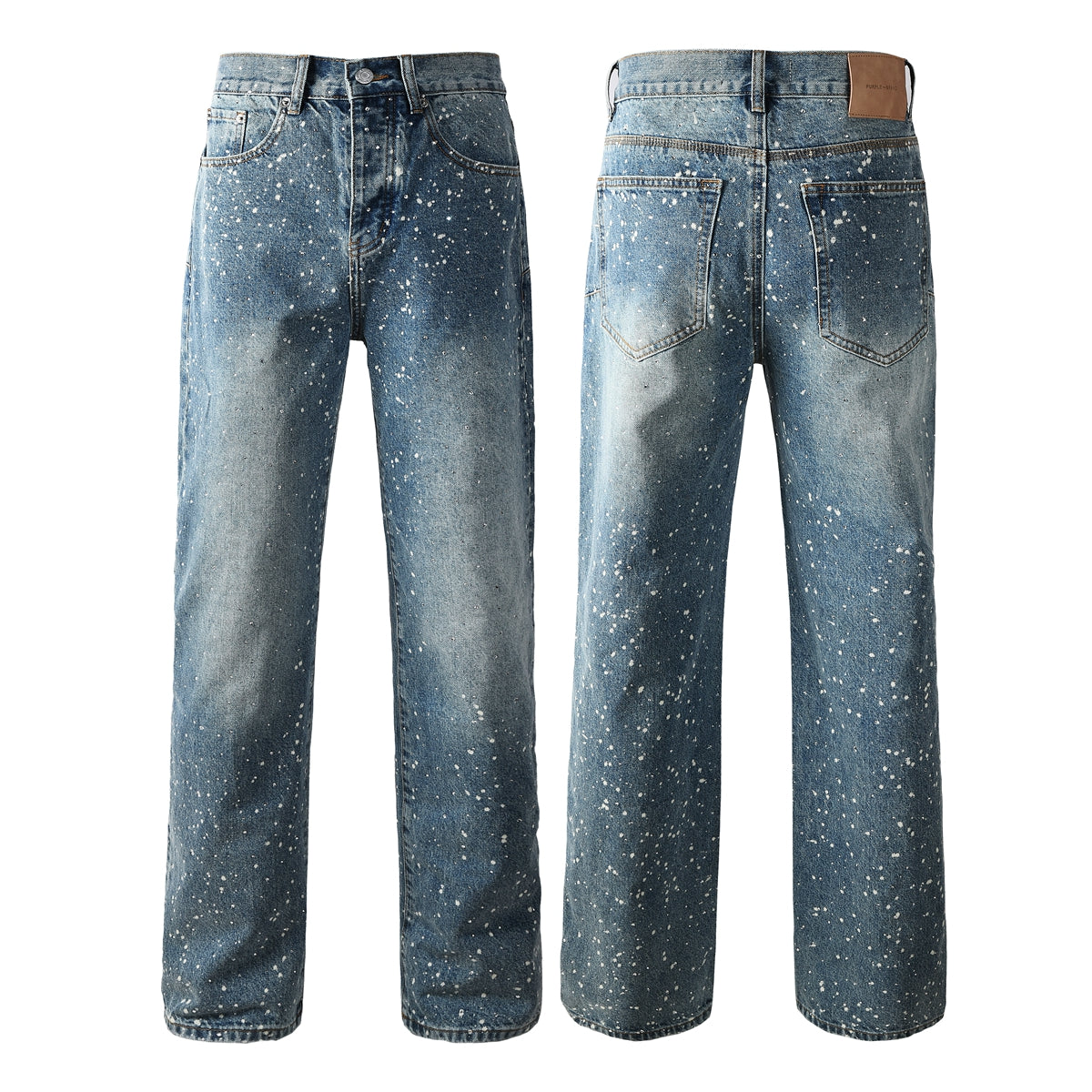 Mens Blue Straight Leg Jeans with Paint Splatter Design Casual Vintage Washed Streetwear Denim 9126