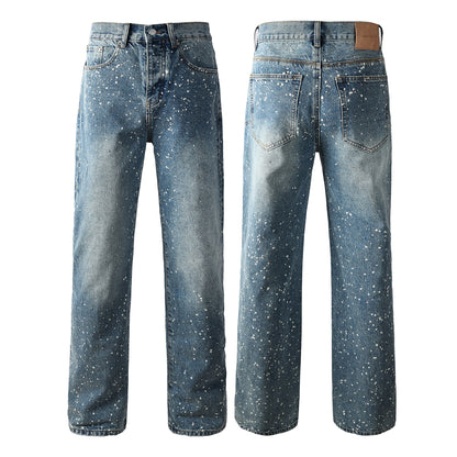 Mens Blue Straight Leg Jeans with Paint Splatter Design Casual Vintage Washed Streetwear Denim 9126