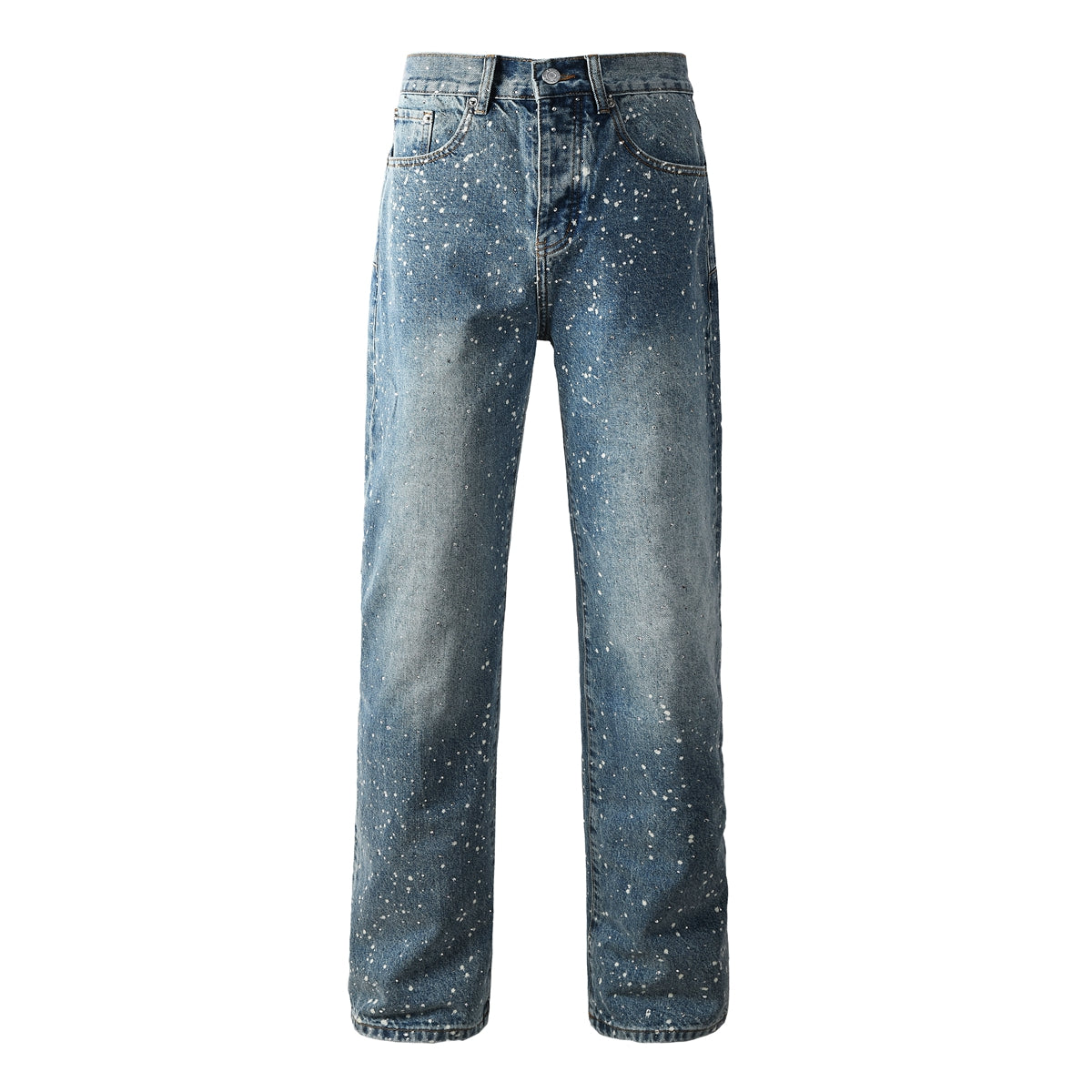 Mens Blue Straight Leg Jeans with Paint Splatter Design Casual Vintage Washed Streetwear Denim 9126