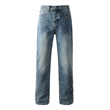 Mens Blue Straight Leg Jeans with Paint Splatter Design Casual Vintage Washed Streetwear Denim 9126