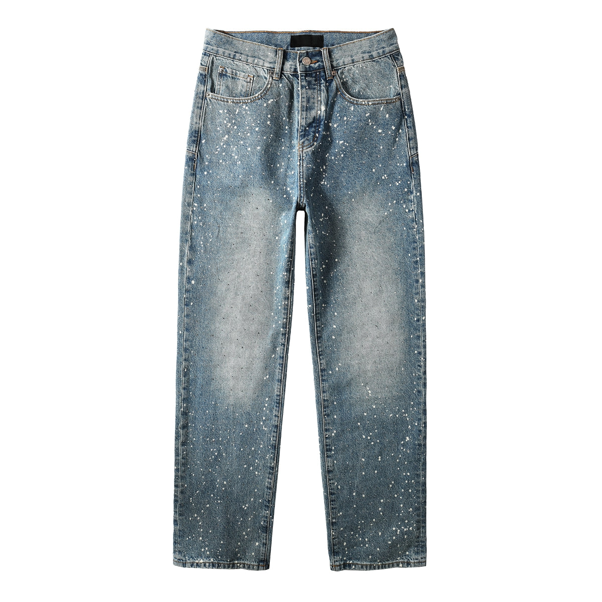 Mens Blue Straight Leg Jeans with Paint Splatter Design Casual Vintage Washed Streetwear Denim 9126