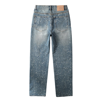 Mens Blue Straight Leg Jeans with Paint Splatter Design Casual Vintage Washed Streetwear Denim 9126