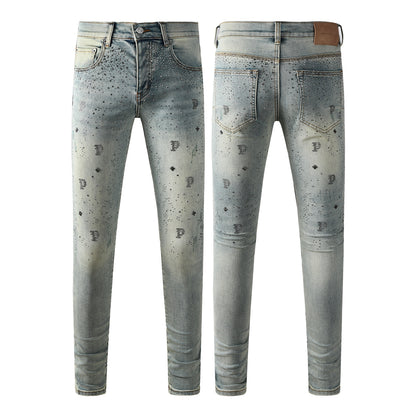 Trendy Light Blue Jeans for Men Slim Fit with Black Print Elements and Allover Crystal Details 9127