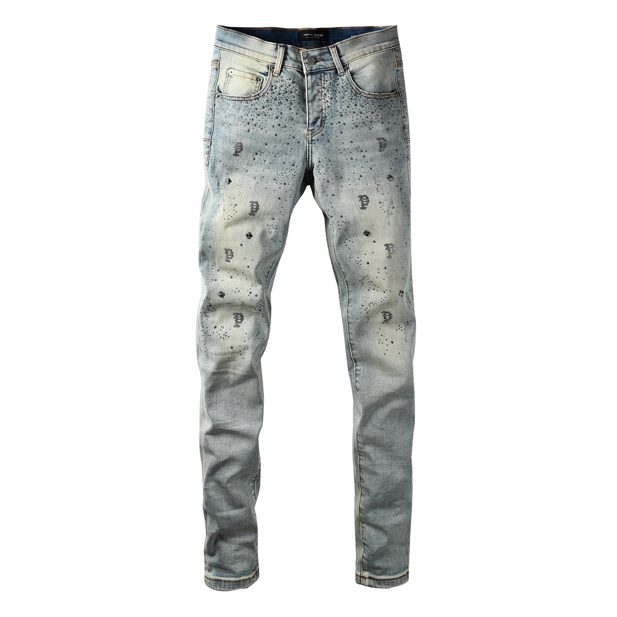 Trendy Light Blue Jeans for Men Slim Fit with Black Print Elements and Allover Crystal Details 9127