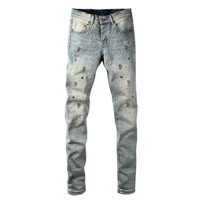 Trendy Light Blue Jeans for Men Slim Fit with Black Print Elements and Allover Crystal Details 9127