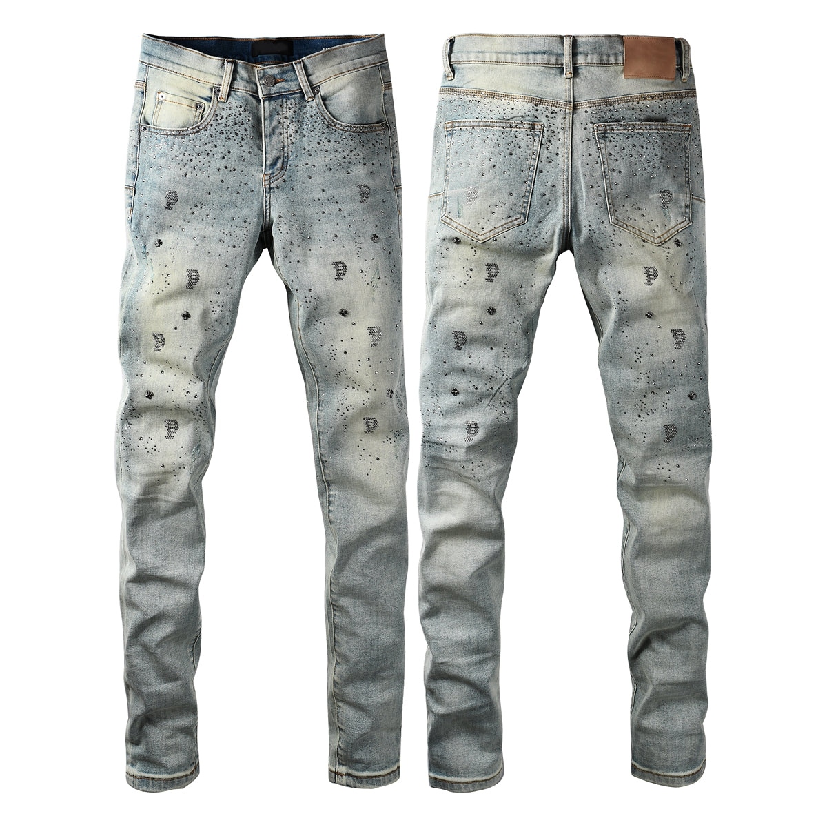 Trendy Light Blue Jeans for Men Slim Fit with Black Print Elements and Allover Crystal Details 9127