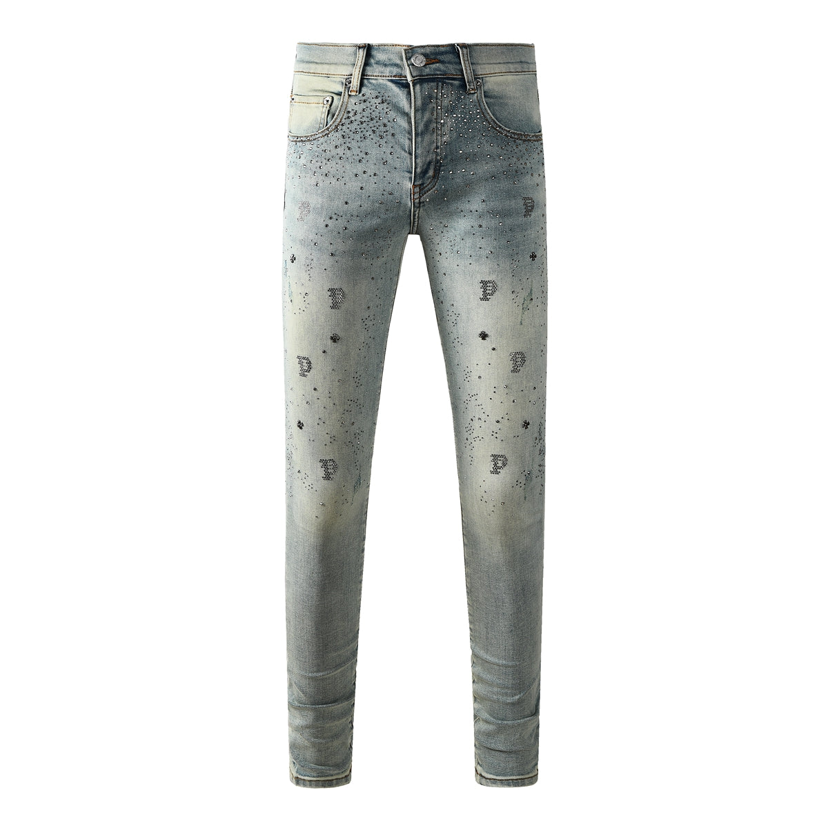 Trendy Light Blue Jeans for Men Slim Fit with Black Print Elements and Allover Crystal Details 9127