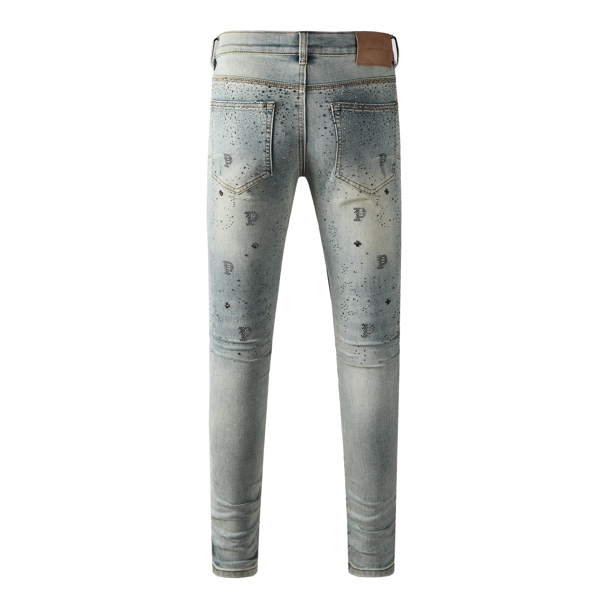 Trendy Light Blue Jeans for Men Slim Fit with Black Print Elements and Allover Crystal Details 9127